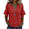 thumbnail image 2 of longantii Womens Summer Gauze Tops V Neck Short Sleeve Raw Edge Hem Cotton Linen Tunic Blouse Beach Vacation Tees Red XL, 2 of 6