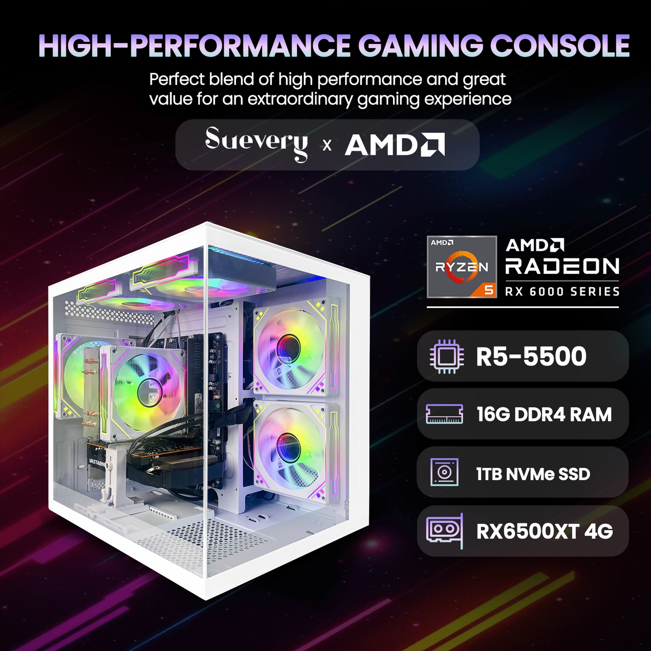 Suevery Gaming PC Desktop, AMD Ryzen 5 5500, Radeon RX 6500XT 4GB, 1TB NVMe3.0 SSD, 16GB DDR4, Wifi 6, White