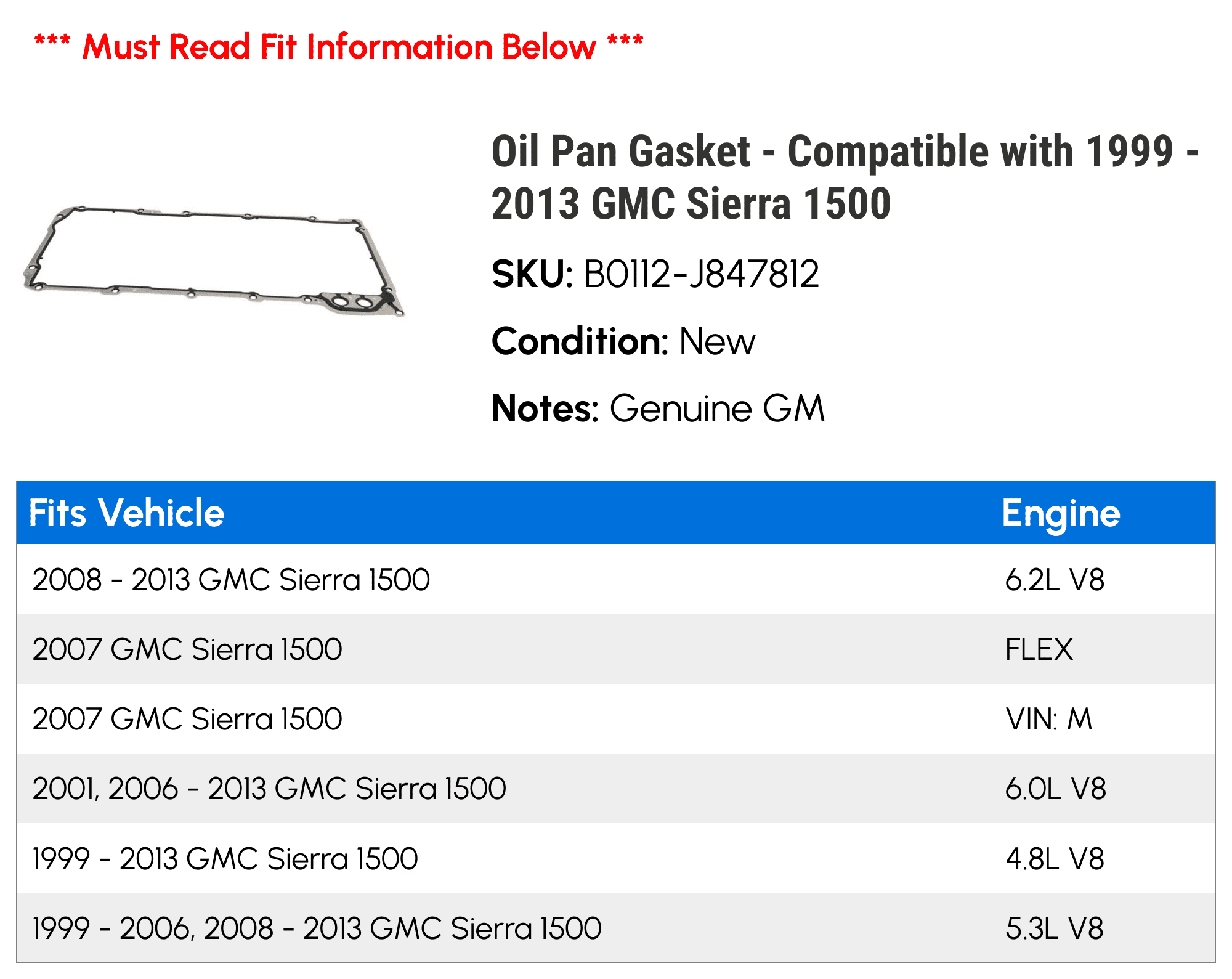 Oil Pan Gasket - Compatible with 1999 - 2013 GMC Sierra 1500 2000 2001 2002 2003 2004 2005 2006 2007 2008 2009 2010 2011 2012