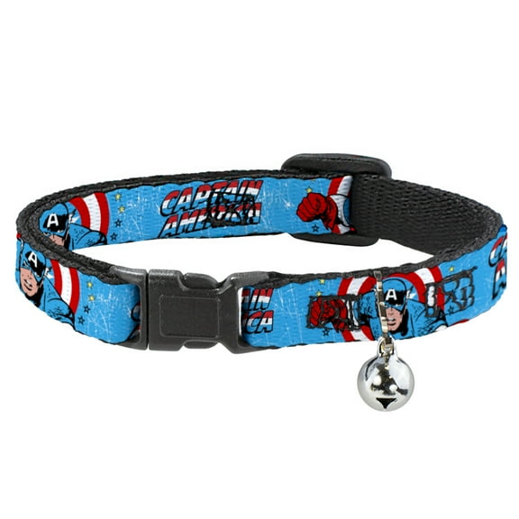 Marvel Comics Breakaway Cat Collar With Bell, Plastic Clip, Easy Adjustable, Captain America Action Pose Weathered Blue, 8.5 to 12 Inches 0.5 Inch Wide