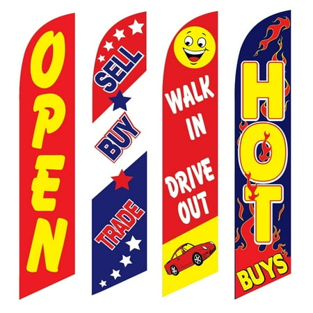 4 Advertising Swooper Flags Open Sell Buy Trade Walk In Drive Out Hot Buys