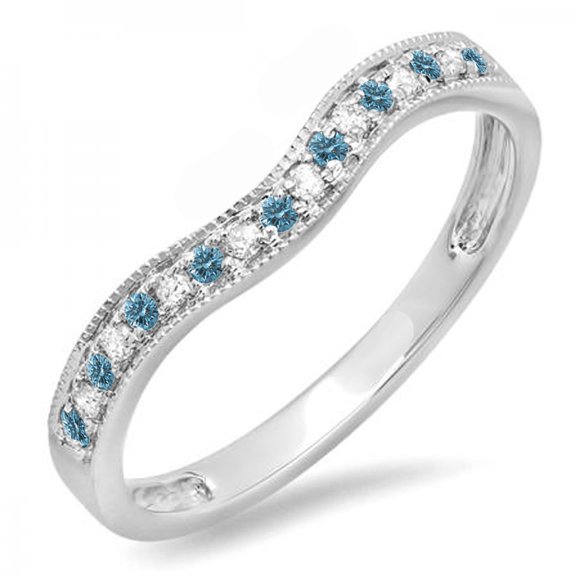 0.15 Carat (ctw) 10K White Gold Round Blue & White Diamond Ladies Anniversary Wedding Band Guard Ring