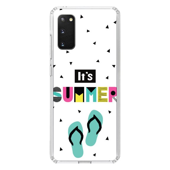 DistinctInk Clear Shockproof Hybrid Case for Galaxy S20 / S20 5G (6.2" Screen) - TPU Bumper, Acrylic Back, Tempered Glass Screen Protector - Summer Graphics - It's Summer Cartoon Flip Flops