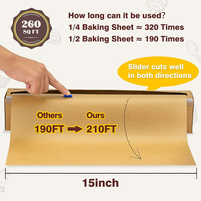 Unbleached Parchment Paper for Baking – 15 in x 210 ft 260 Sq.Ft Baking  Paper Roll with Cutter, Non-Stick Brown Parchment for Baking, Cooking