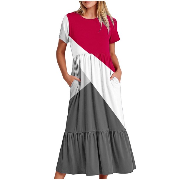 Puntoco Vestido De Mujer Con Cuello Redondo, Manga Corta, Media Pantorrilla, Dos Bolsillos, Estampado Geométrico, Vestido De Manga Corta Con Cuello Redondo, Rojo Rosa S,Regalos Para Mujer Joven