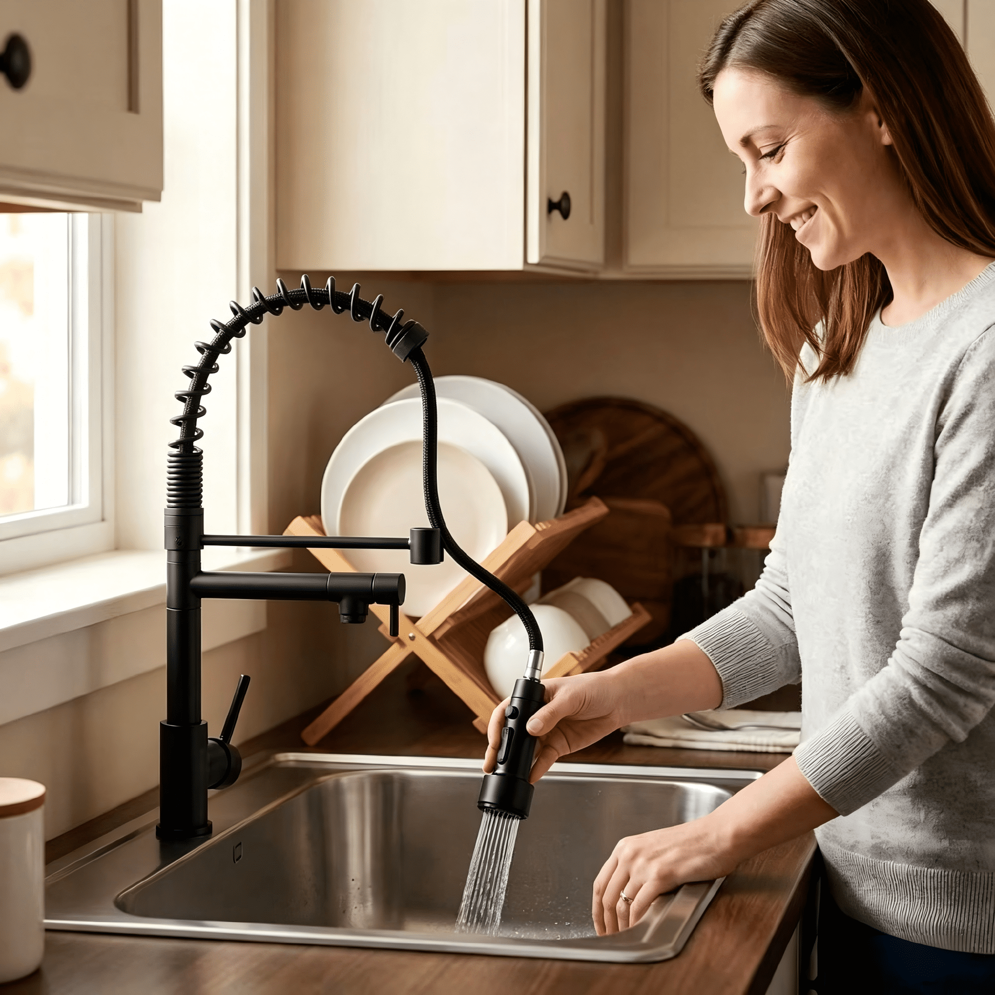 Matte Black Commercial Kitchen Faucet: High Arch Spring Design, Pull Down Sprayer, Single Handle & Fingerprint-Free Finish. Ideal for Farmhouse, Laundry, Utility Sink, and RV.