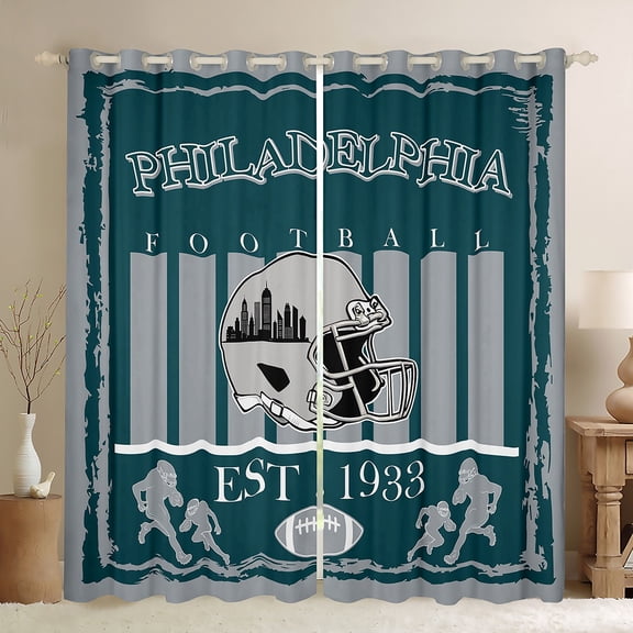 Homewish American Ball Sport Game Black Out Curtains,Philadelphia Rugby Curtains Pack of 2 (42x63 Each),Gray Green Bedroom Curtains For Boys Teens,Breathable Home Decor