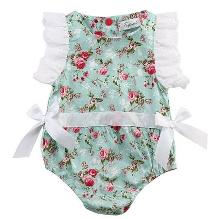 

Carolilly Newborn Baby Girls Lace Flower Romper Round Neck Button Closure Jumpsuit Summer Clothes