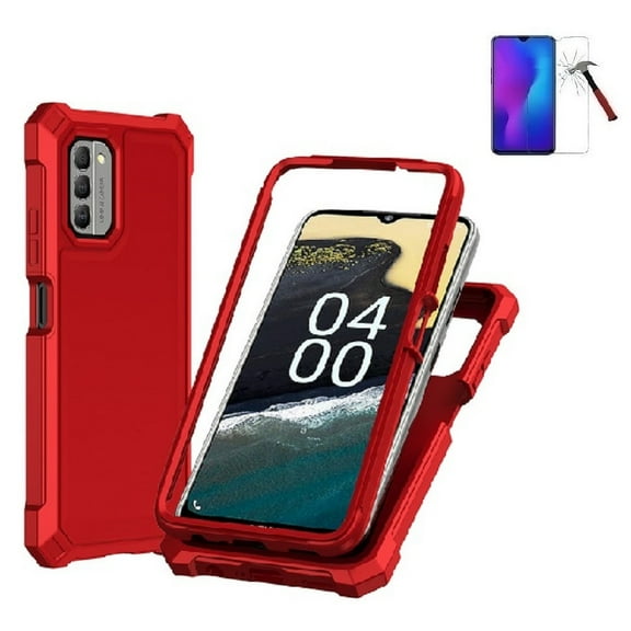 Phone Case for Nokia C300 (Straight Talk/ TracFone/Consumer Cellular),  Full Body  TPU Cover Case   Tempered Glass (Red)