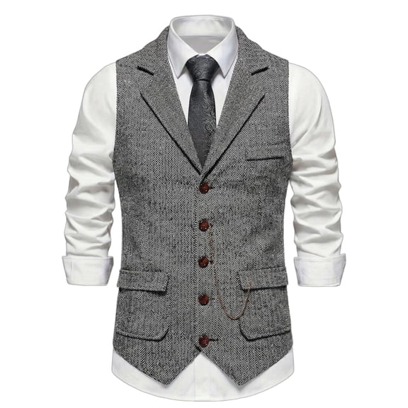Vintage Tweed Waistcoat for Men with Chain Detail Retro Lapel Vest Formal Suit Gilet Business Casual Sleeveless Jacket Light Gray L