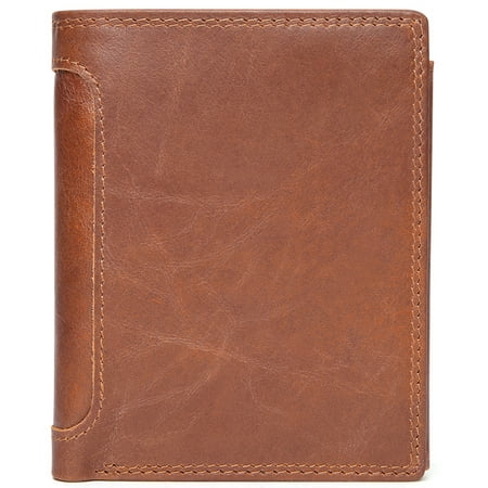 Men's RFID Blocking Full Grain Leather ID Window Multi-Currency Zipper and Coin Pocket Compact Trifold