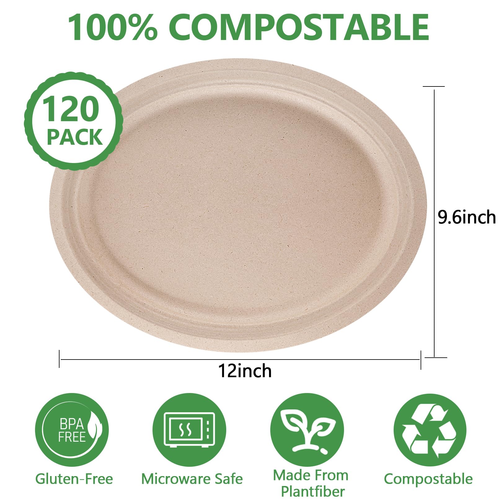 Vabrloy Oval Paper Plates,120 Pack 12 inch Disposable Plates,100% ...