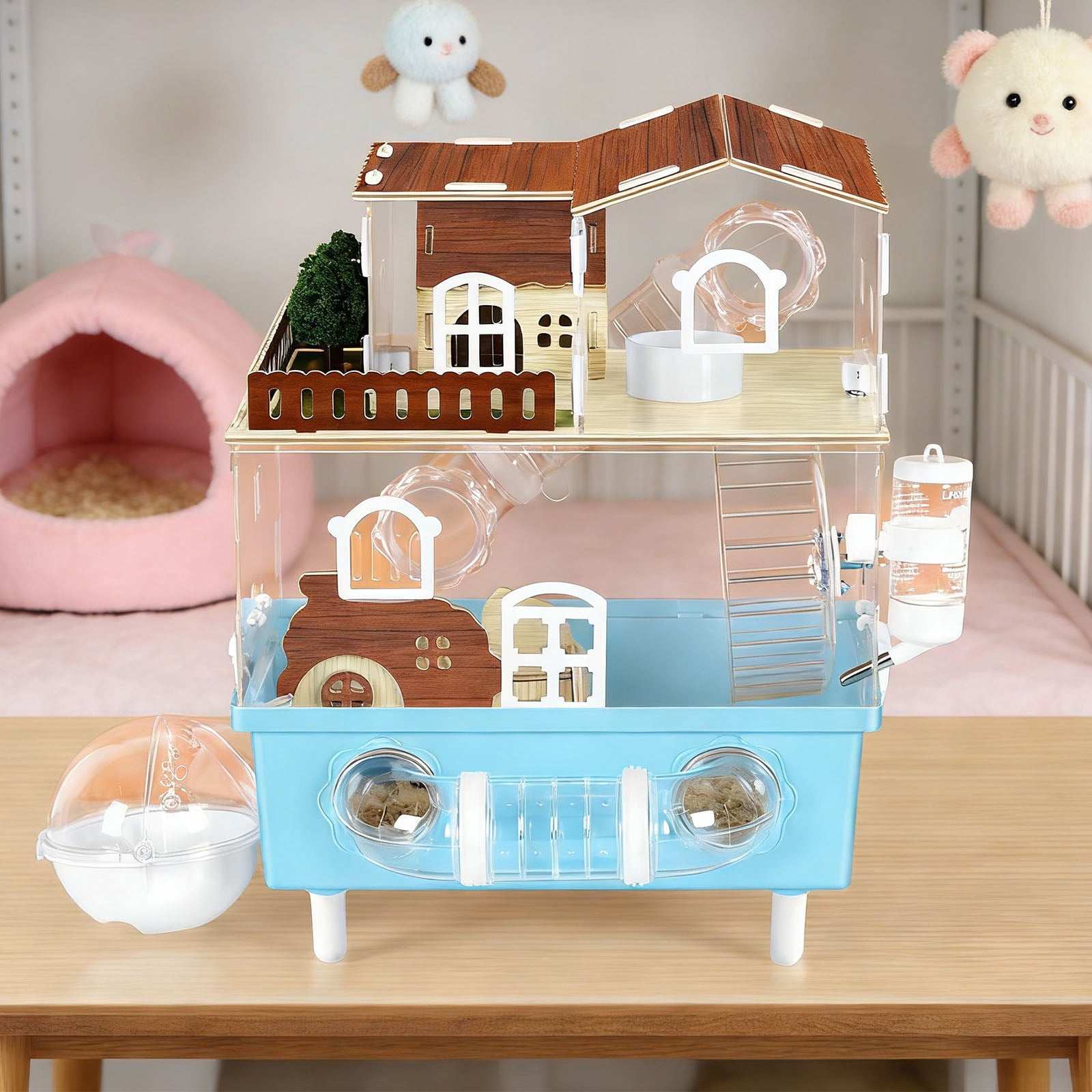 2-Tier Acrylic Hamster Cage Starter Kit, Small Animal Habitat with Hidden Houses, Tunnels, Silent Wheel, Water Bottle & Bath Area, 360° Transparent, Easy Clean