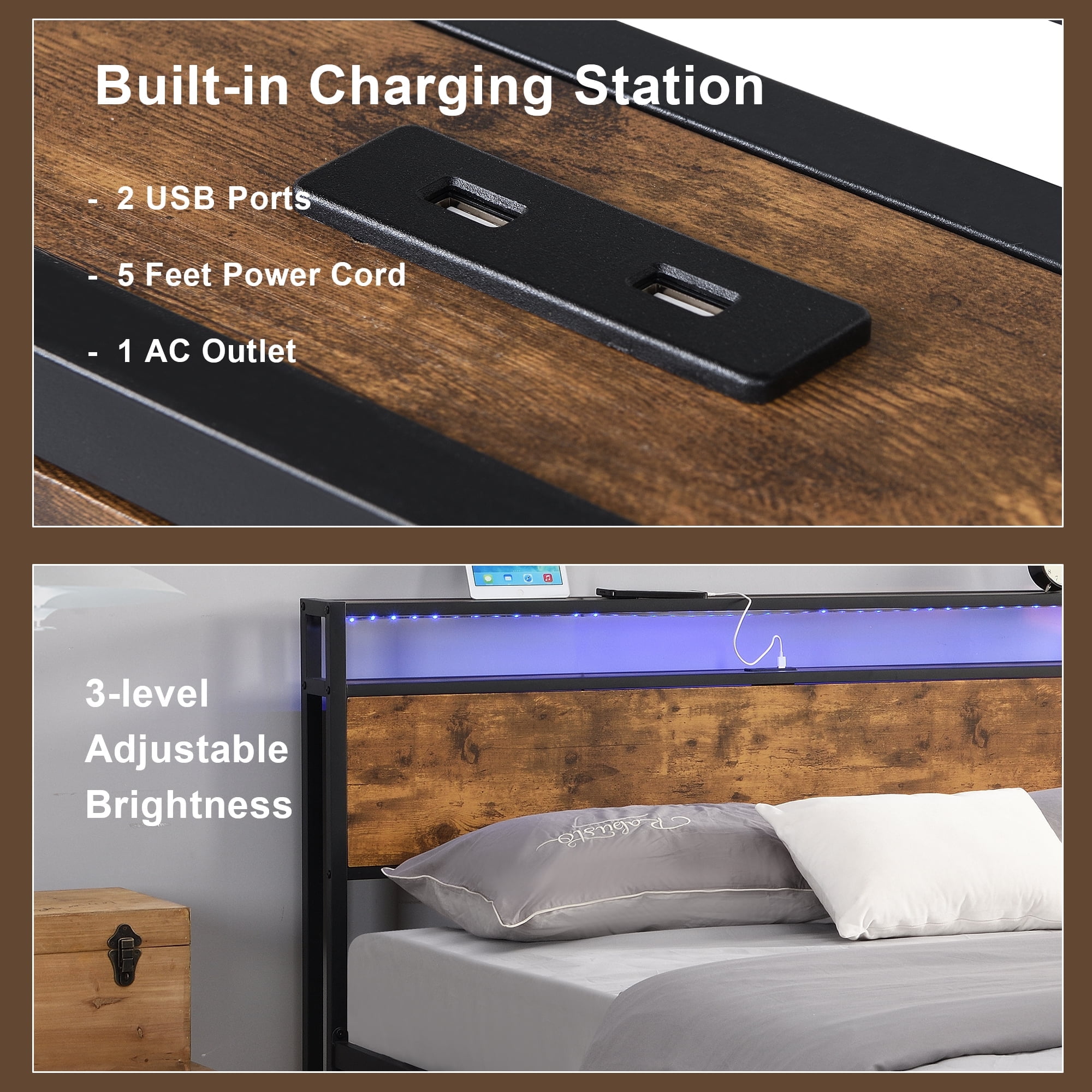 Leumius Full Size Bed Frame with LED Lights and 2 USB Ports,Industrial Platform Bed with Under-Bed Storage and Wooden Headboard,Noise Free,Rustic Brown