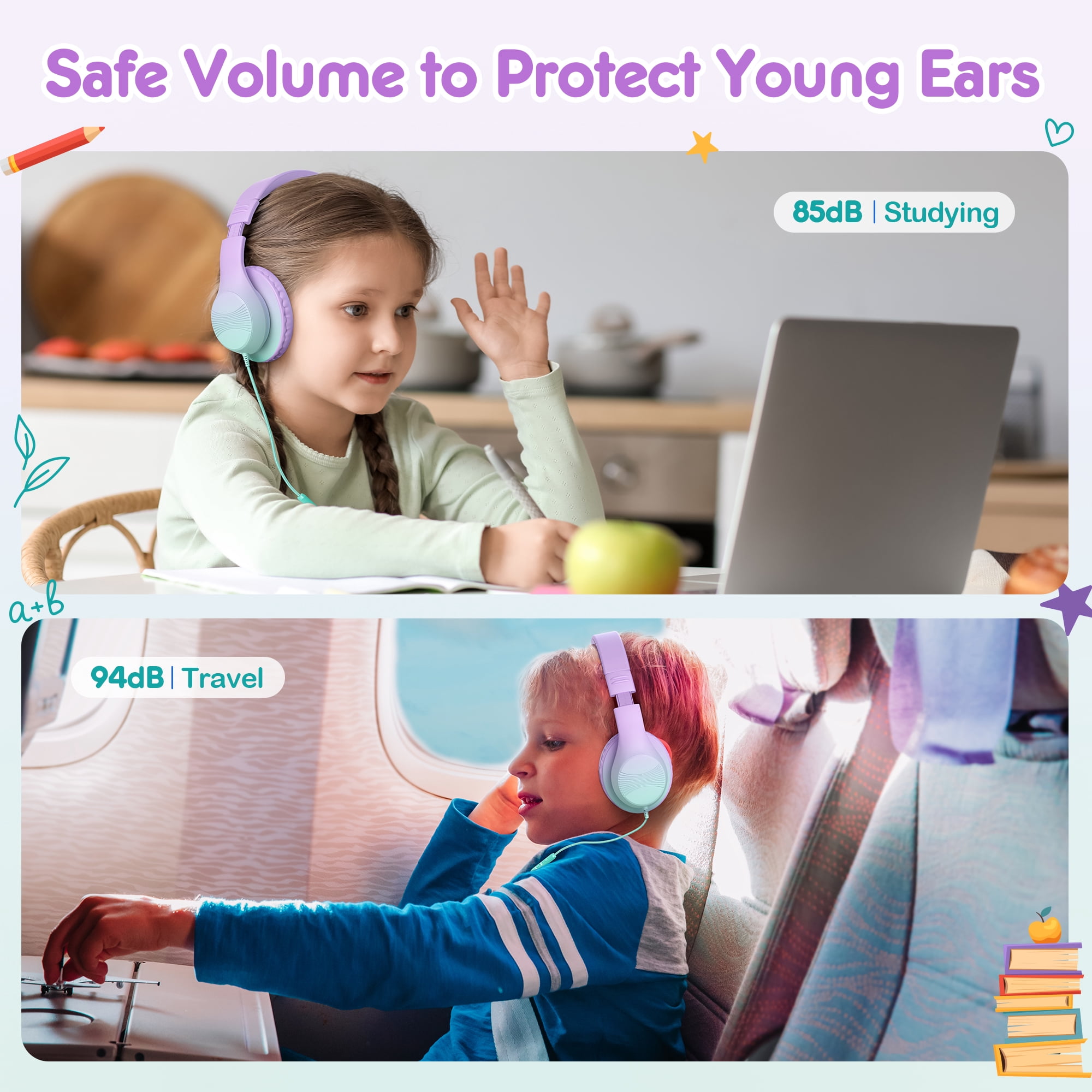 Mpow Kids Headphones with Microphone, 85/94dB Safe Volume Limit, over Ear Headphones for School Travel, Taro Purple & Mint Green