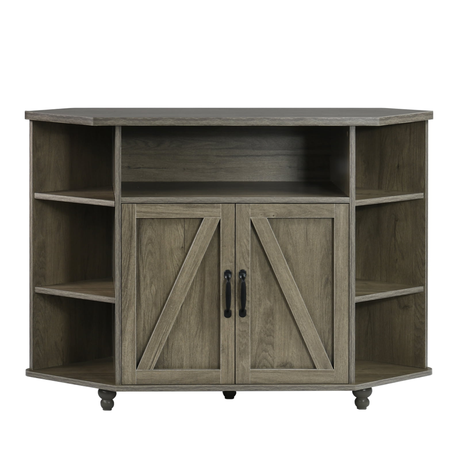 Corner TV Cabinet with LED Lights for 50 Inch TV, Adjustable Shelves, Farmhouse Barn Door Media Console with Storage & Cable Management,Grey