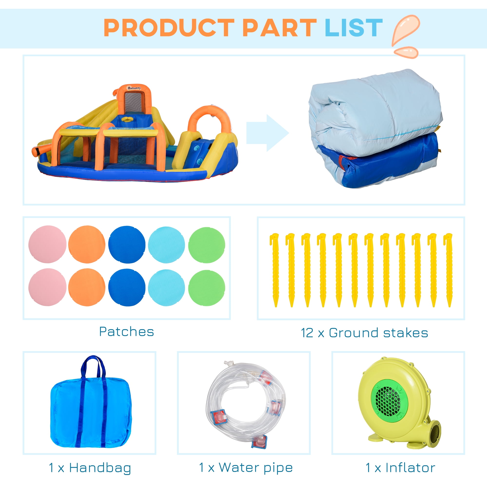 Outsunny 6-in-1 Inflatable Water Slide Kids Bounce House Jumping Castle Includes Slide Basket Pool Water Gun Climbing Wall Tunnel with Carry Bag, Repair Patches and 750W Air Blower