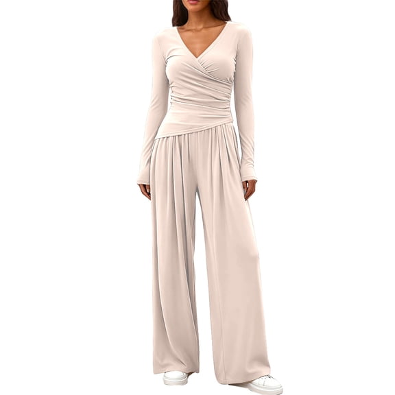 NMMUED 2 Piece Outfits for Women Long Sleeve Wrap V Neck Top Pleated Wide Leg Pants Set Casual Elegant Lounge Matching Suits Beige L