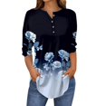 thumbnail image 2 of Blue Young Adult Tops 3/4 Length Sleeve Womens Tops 2025 Spring Neck Casual Print Tunic T Shirts Three Quarter Length Womens Tops Plus Size Tops for Women, 2 of 5