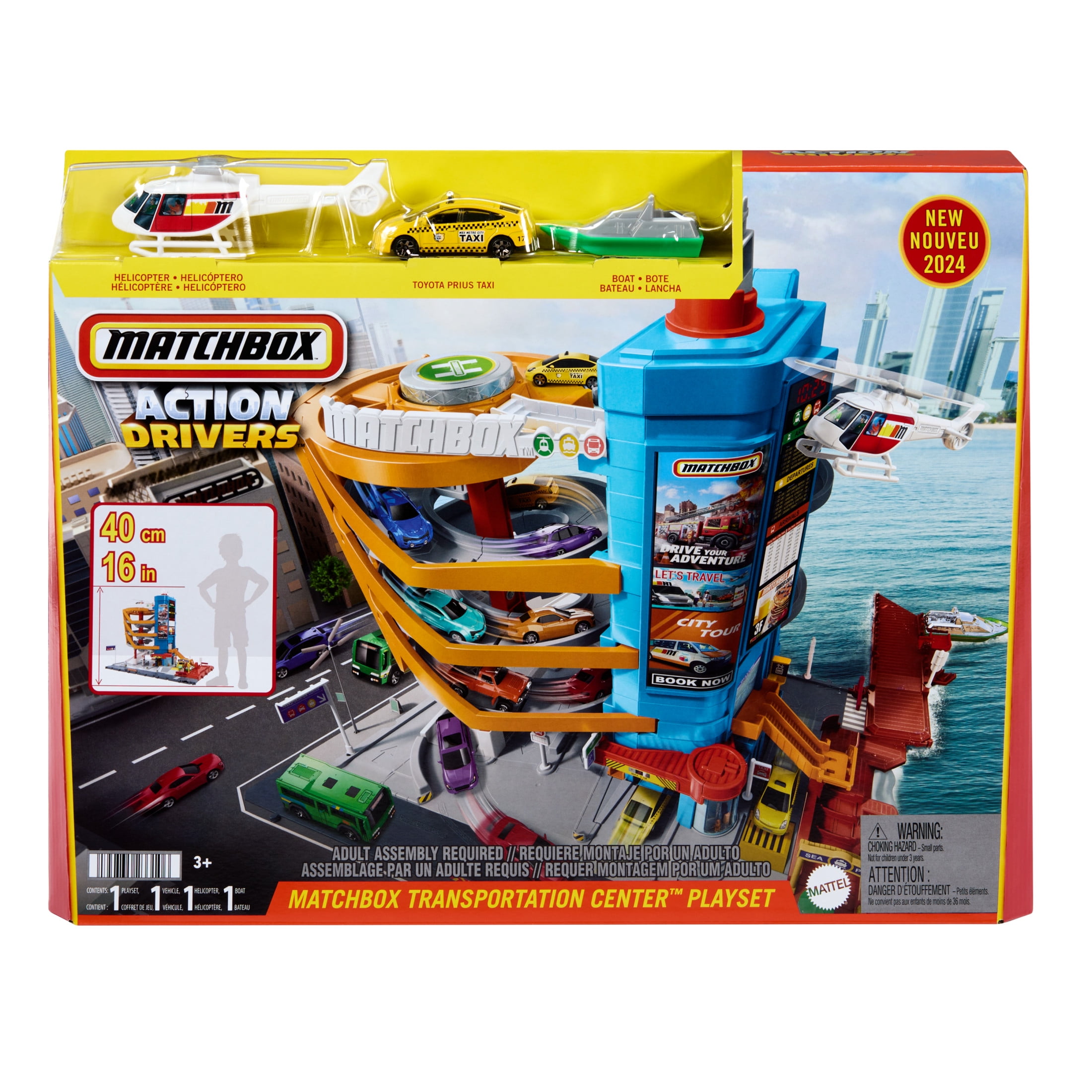 Matchbox Action Drivers Transportation Center with a 1:64 Scale Taxi, Boat & Helicopter Plus a Food Vendor Accessory (3 Vehicles, 1 Accessory)