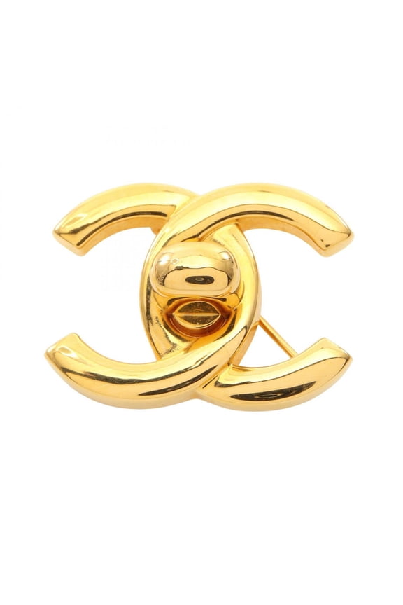 Pre-Owned Chanel Coco Mark Turnlock Brooch, Gold Plated (GP), Women's, Tone