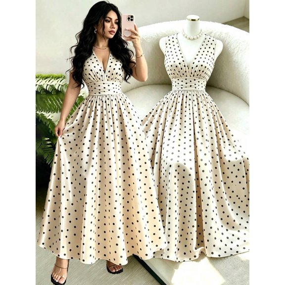 Apricot Women Sleeveless Polka Dot Maxi Dress V-Neck Gathered Waist