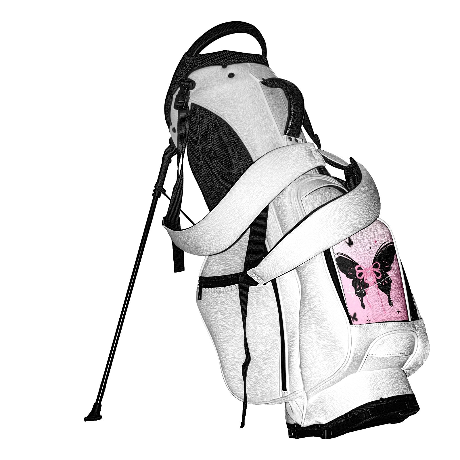 5 Ways Divider Golf Bag Waterproof Leather Golf Stand Bag Large Capacity & Versatile Personalized Customized Printing Golf Club Bag for Men Women Black-spotted Butterfly