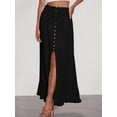 thumbnail image 4 of Women'S Elastic Tie Waist Button Down Maxi Skirts Casual Loose Flowy Swing Slit Front Dress Black S, 4 of 9