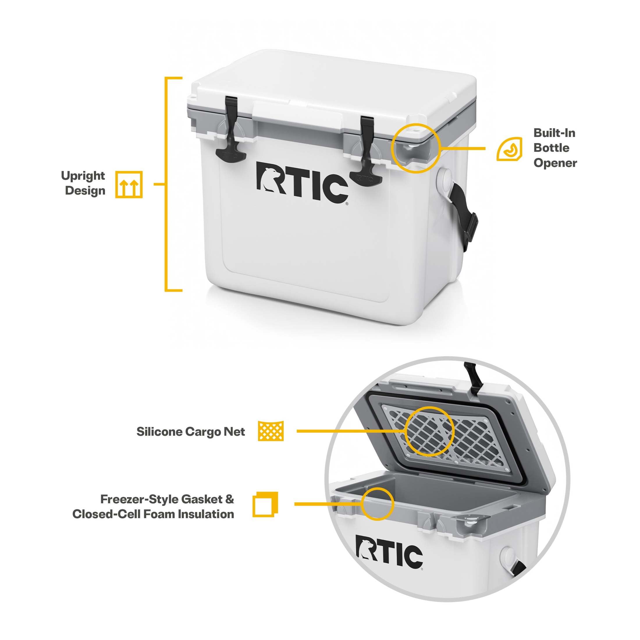 RTIC 22 QT Hard-Sided Cooler, Fits 30 Cans or 8 Wine Bottles, White & Grey