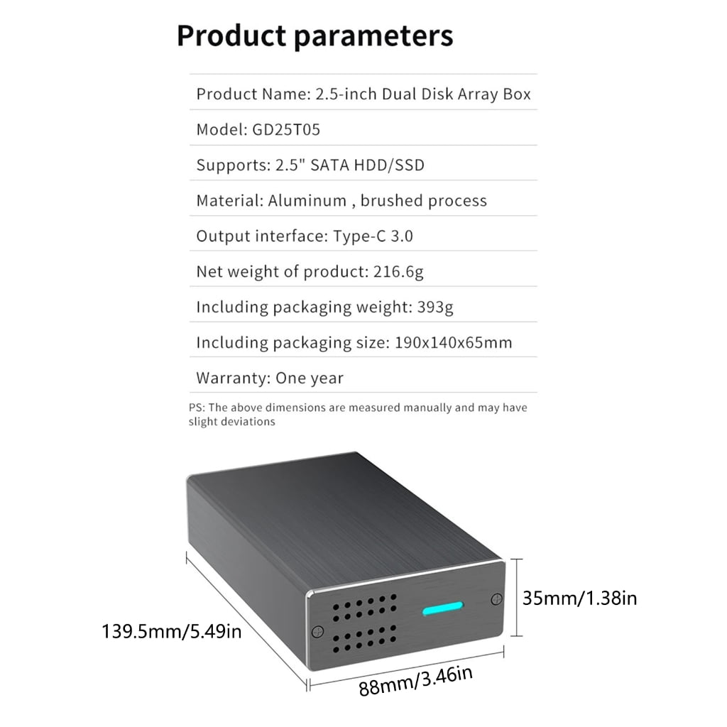 ZPAQI Double Bay Hard Drives Enclosure for 2.5/3.5Inch SSDs HDD USB 3.0 40TB Capacity