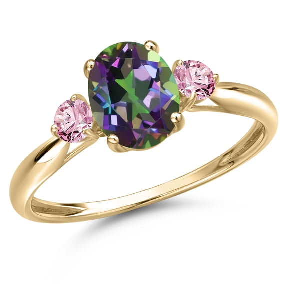 Gem Stone King 10K Yellow Gold Green Mystic Topaz and Pink Lab Grown Diamond 3-Stone Ring for Women | 1.84 Cttw | Oval 8X6MM | Gemstone November Birthstone | Size 7