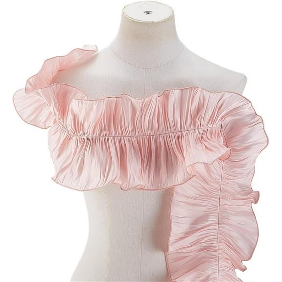 PH 5 Yards Double Ruffle Ribbon Trim Pink Fabric Trim Pleated Lace Fabric Fringe Elastic Ruffle Trim Retro Tulle Fabric Trim 6-1/4 inch Wide for Applique Sewing Craft Dress Decor Pink