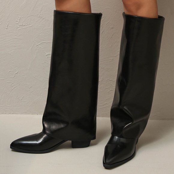 Pisexur Knee High Boots Fashion Fold Over Boots for Women Solid Color Pointed Toe Shark Tall Boots Wide Calf Low Heels Long Boots with Side Zipper 5.5-9 Black
