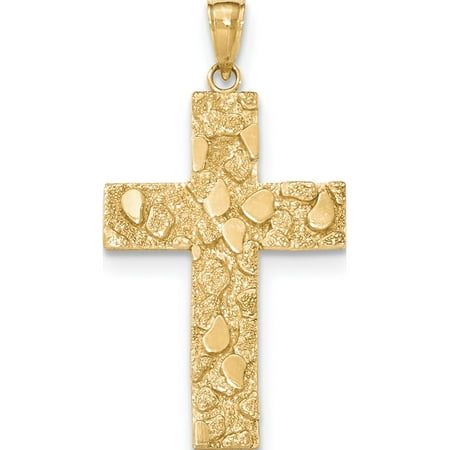 - 14k Yellow Gold Polished and Textured Nugget Block Style Cross Pendant / Charm