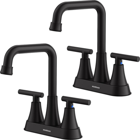 Robinet de Lavabo Noir Mat, Hurran 4 Pouces Robinets de Salle de Bain pour Lavabo 3 Trous avec Drain Escamotable et Tuyaux d'Alimentation, Bec Pivotant à 360 Degrés
