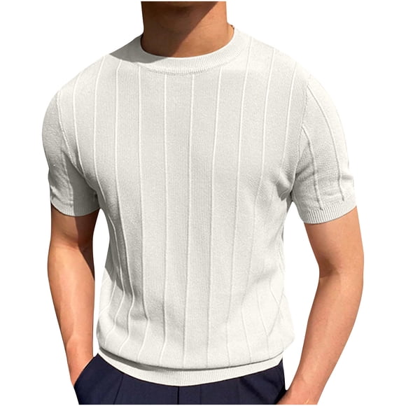 Weiqiqre Shirts for Men Textured Ribbed Knit Short Sleeve Round Neck Tee Shirts Solid Casual Top
