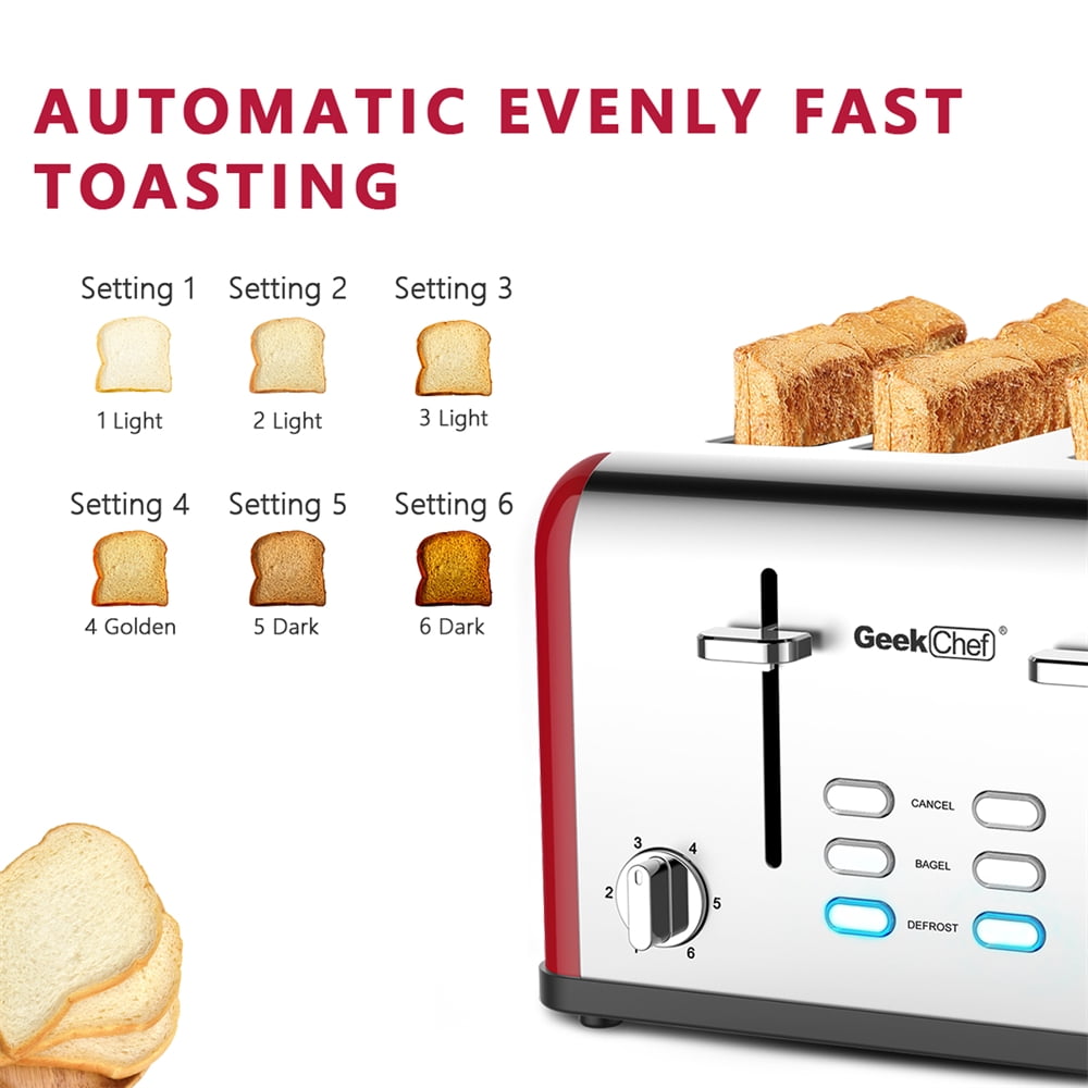 Latady Toaster 4 Slices, Geek Chef Stainless Steel Extra-Wide Slot Toaster, Dual Control Panel with Bagel/Defrost/Cancel Function, 6 Shade Settings For Baking Bread, Detachable Crumb Tray