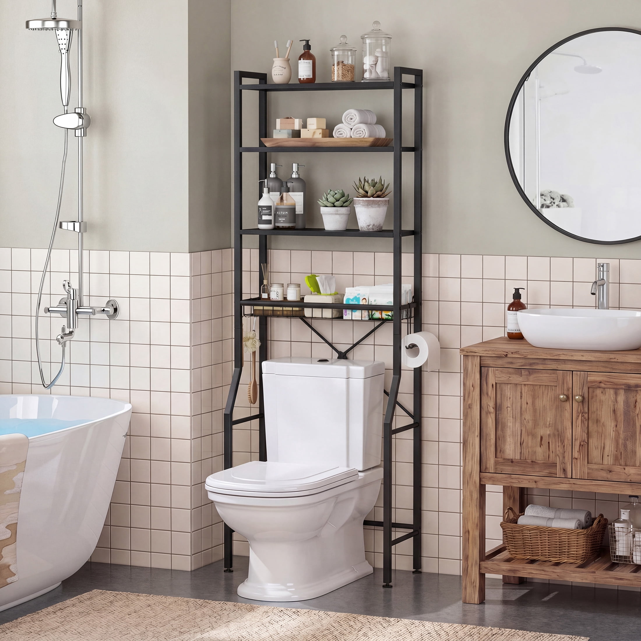 CONCETTA 4-Tier over the Toilet Bathroom Storage Rack, Adjustable Space Saver Organizer with Shelves, Basket & Hooks, Black