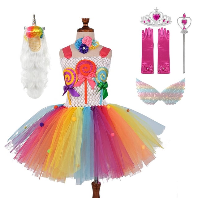 Vestido de princesa Rainbow Candy con WigTutu, disfraz de Cosplay para niños, traje de fiesta de cumpleaños zhangyuxiang unisex
