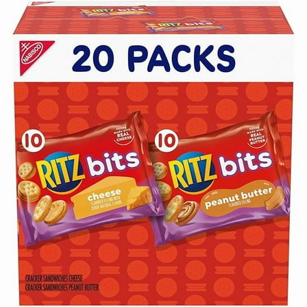 1x RITZ Bits Cheese and RITZ Bits Peanut Butter Sandwich Crackers Variety Pack, Lunch Snacks, 20 Snack Packs