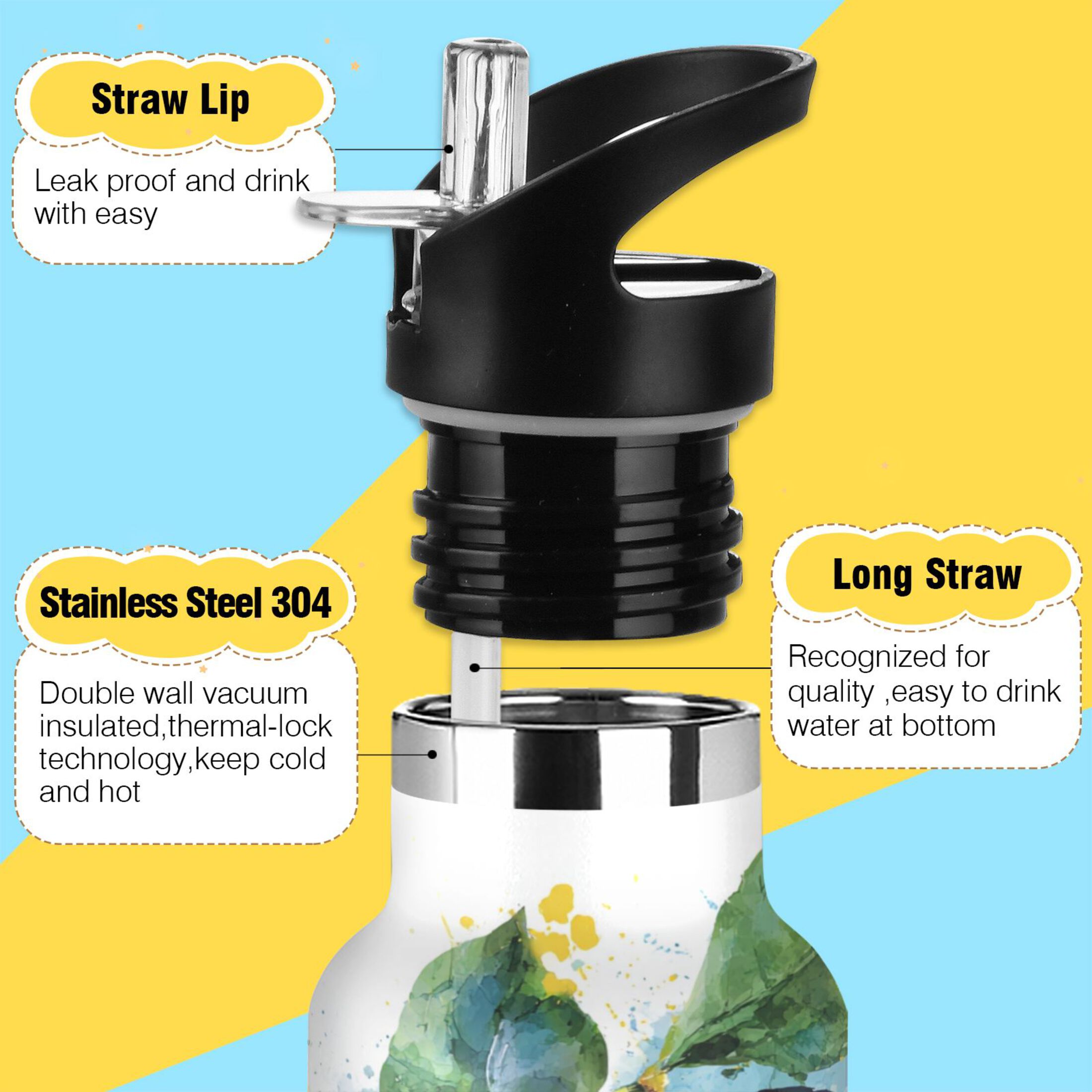600ML Stainless Steel Insulated Cup Sports Water Bottle Portable Thermos Cup Water Glasses Insulated Tumblers Convenient and Durable Lemon