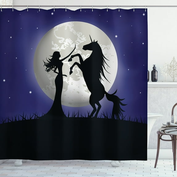 Horse Shower Curtain, Silhouette of Rampant Horse and Long Curly Haired Girl on Giant Fullmoon, Fabric Bathroom Set with Hooks, 69W X 70L Inches, Navy Blue and Charcoal, by Ambesonne