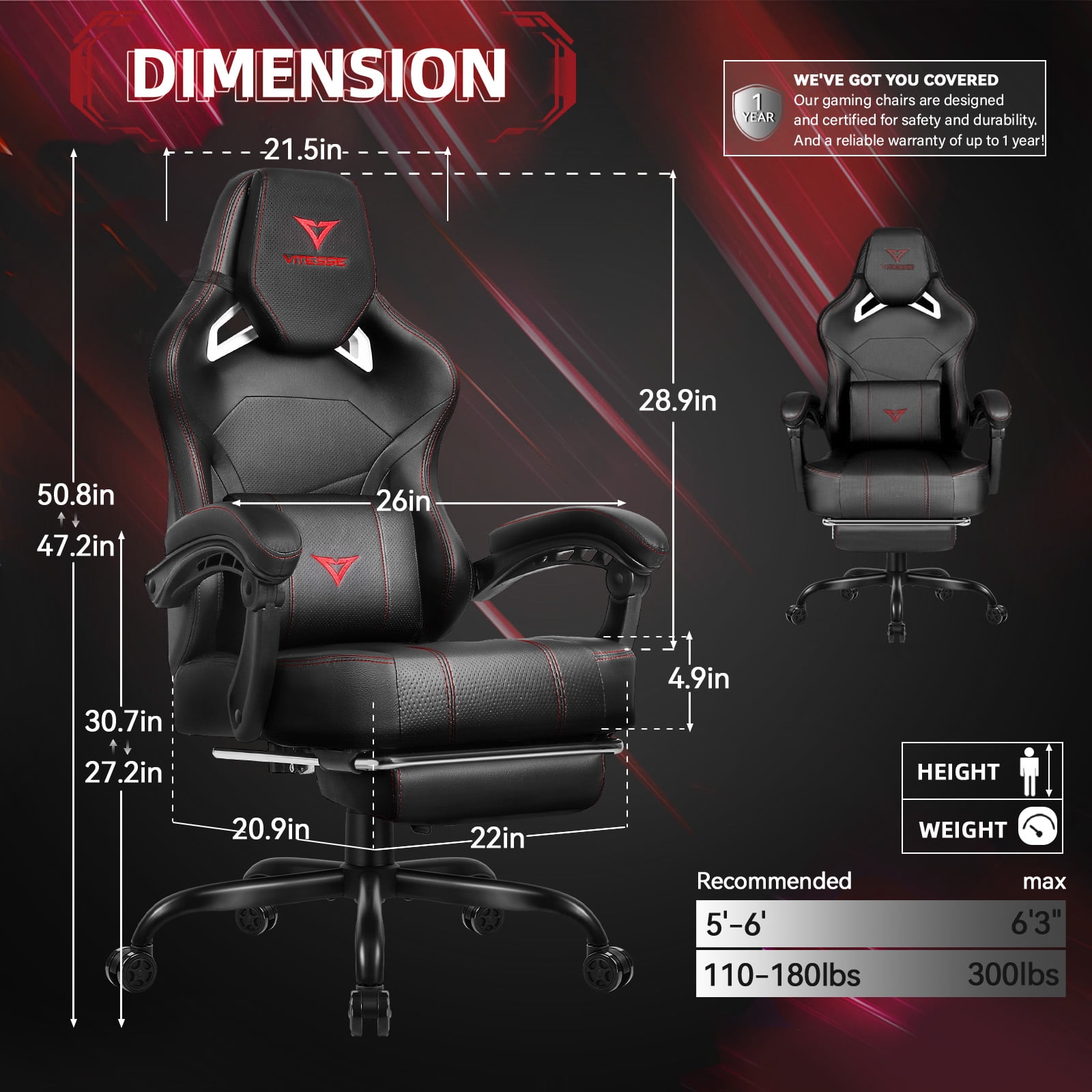 Waleaf Gaming Chair Ergonomic Office Chair with Footrest and Lumbar Support, Height Adjustable High Back Gamer Chair with Headrest for Adult