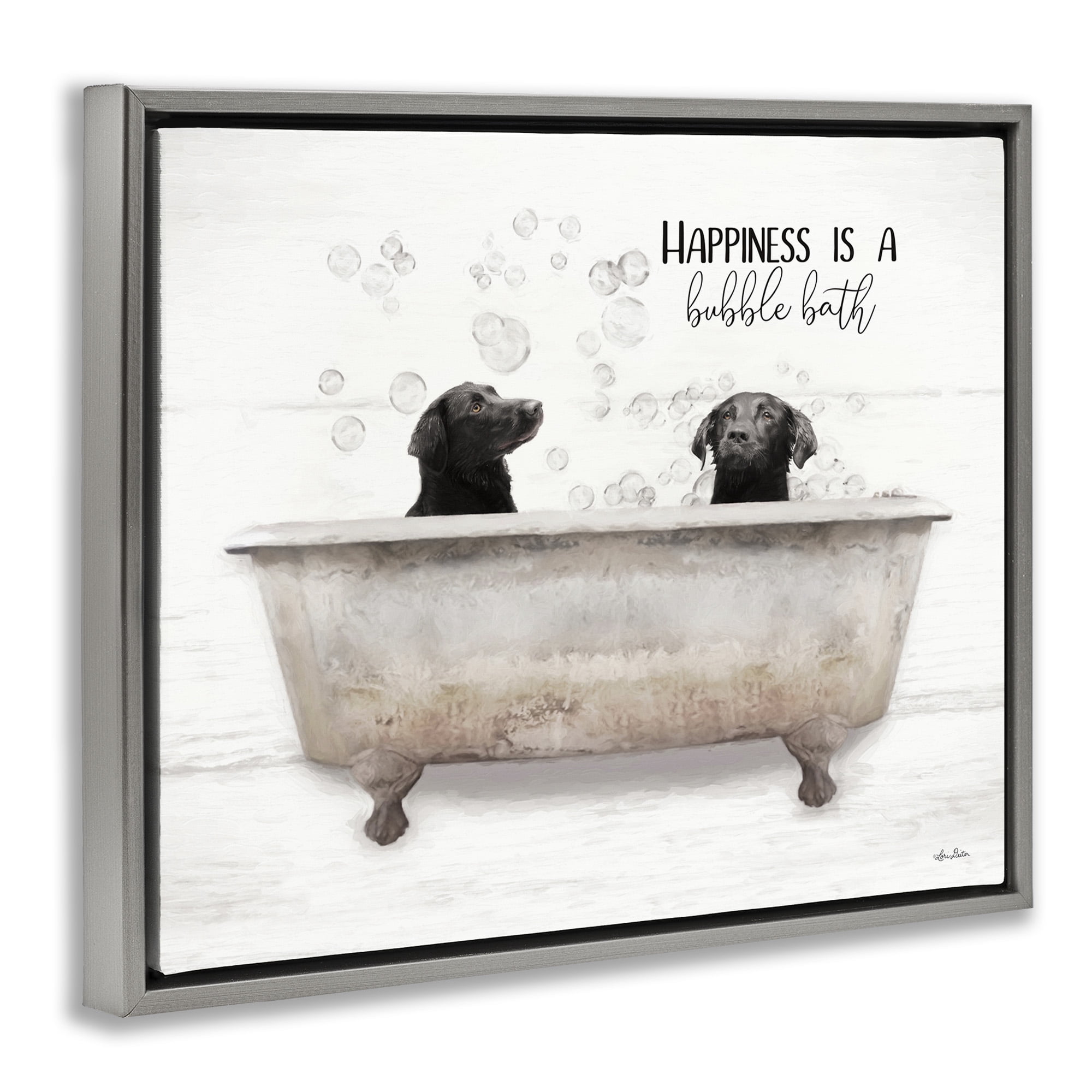 Stupell Industries Animal Bathroom Happy Dogs Animals & Insects Painting Gray Floater Framed Canvas Art Print Wall Art, 21 x 17