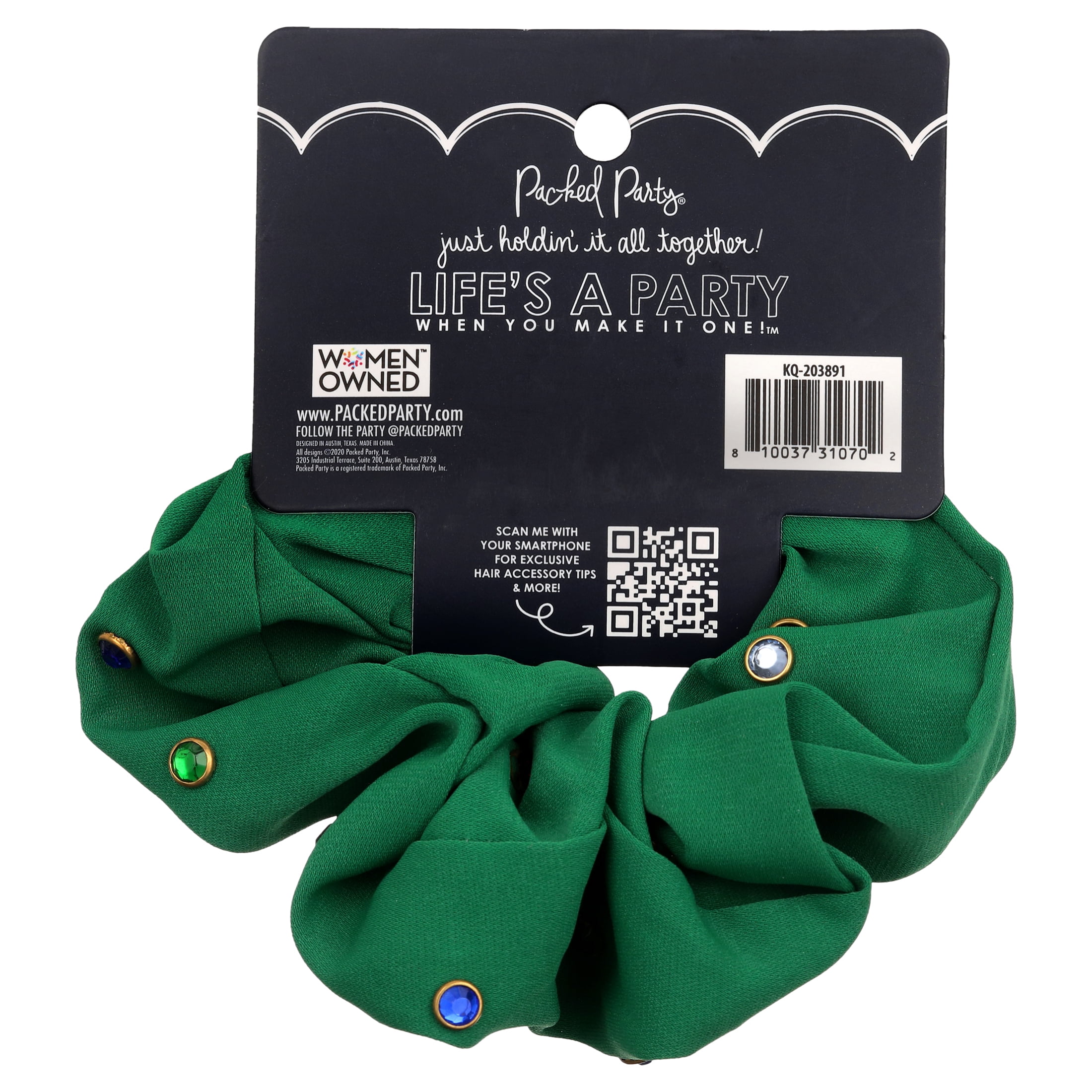 Packed Party “Such a Stud” Rhinestone Studded Green Polyester Hair Scrunchie, Ponytail Holder