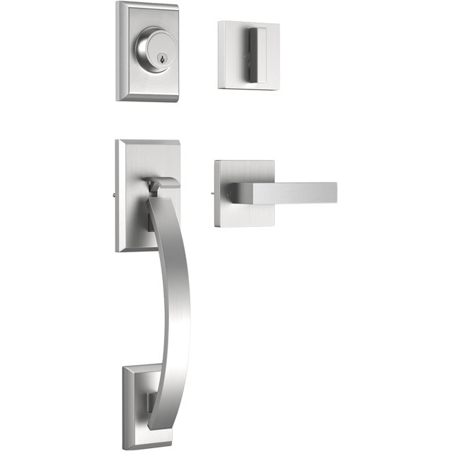 Ensemble de Poignées de Porte d'Entrée, Ensemble de Serrure de Porte d'Entrée en Nickel Satiné, Ensemble de Poignées d'Entrée avec Serrure, Pêne Dormant à Cylindre Simple et Poignée à Bouton, Réversible pour Portes Droitier et Gaucher (Antique_