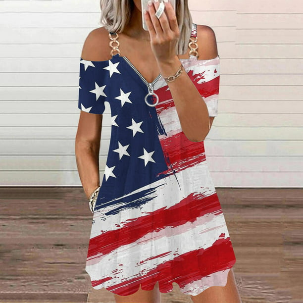 qolati 4th of July Outfits Women American Flag Cold Shoulder Mini ...