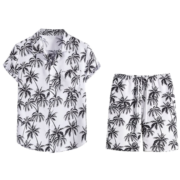 DDAPJ pyju Summer 2 Piece Tracksuits Hawaiian Outfits for Men Palm Trees Print Vintage Short Sleeve Button Down Shirts Shorts Sets