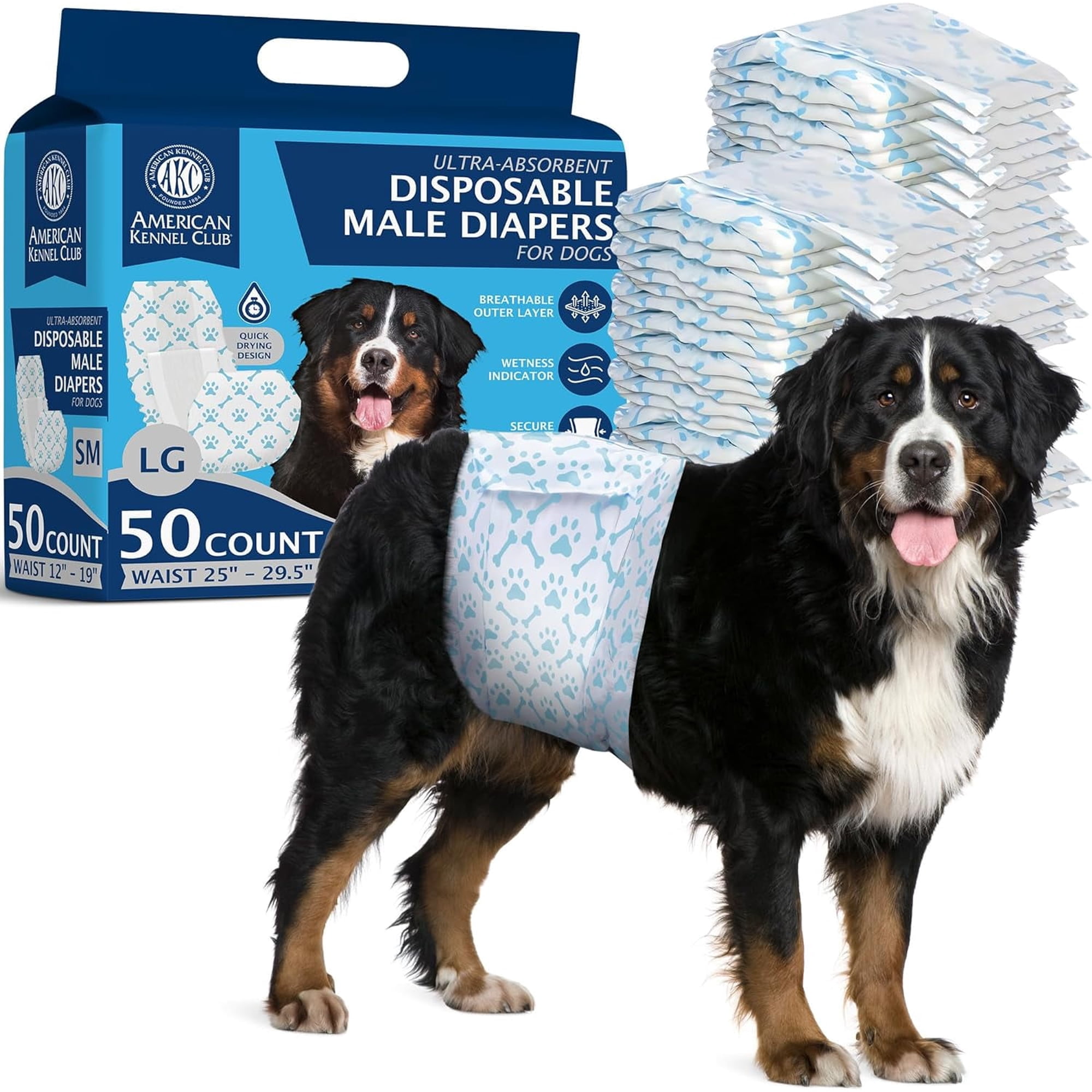 American Kennel Club Male Dog Wrap, Disposable Diapers with Wetness Indicator, Large, 50 Count