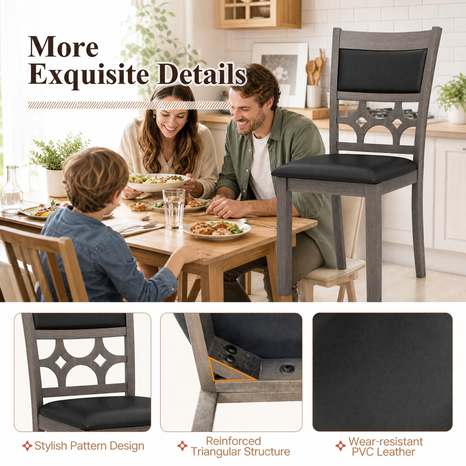 Furnibear Upholstered Dining Chairs Set of 2 with Padded Backrest and Rubber Wood Frame for Kitchen and Dining Room, Gray